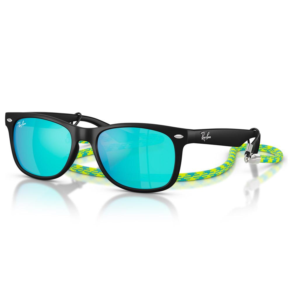 Ray Ban - New Wayfarer Kids Polished Black Light Green Blue Mirror - Sunglasses
