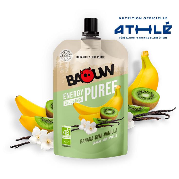Baouw Purè Compotes Energétiques Bio 90g Banane - Kiwi - Vanille Presentazione