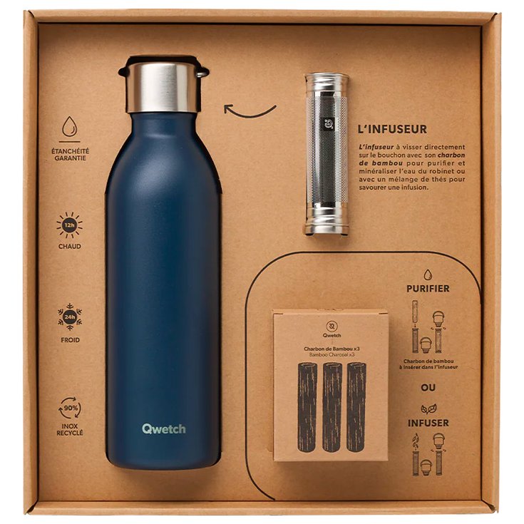 Qwetch Trinkflasche Coffret Cadeau Active 500 ml Bleu Marine Präsentation