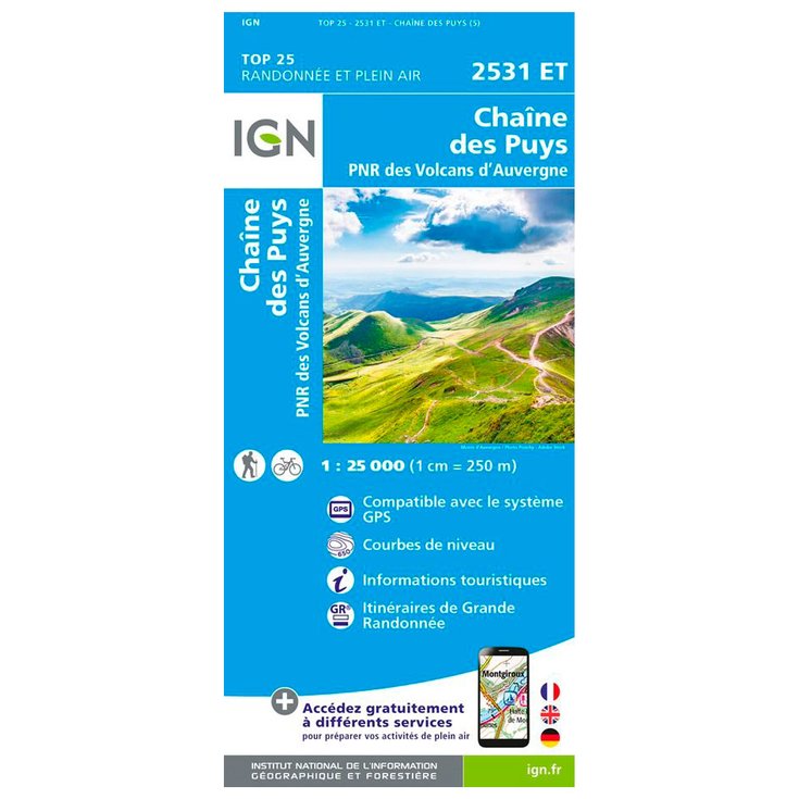 IGN Kaart 2531ET Chaine des Puys, PNR des Volcans d'Auvergne Voorstelling