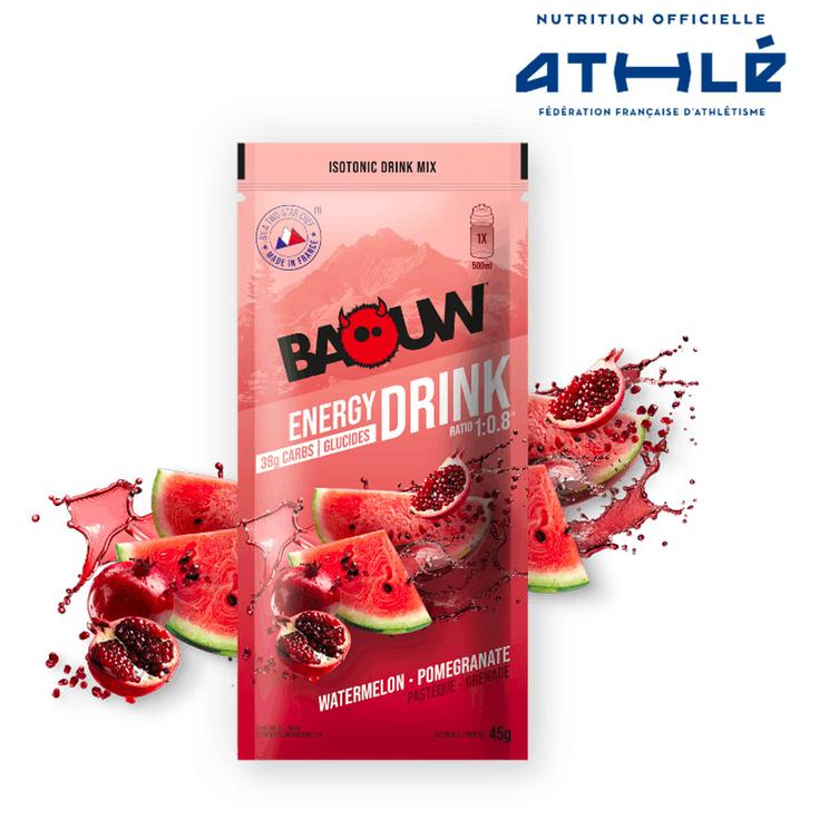 Baouw Drank Boisson Isotonique Bio Sachet 45 g. Pastèque Grenade Voorstelling
