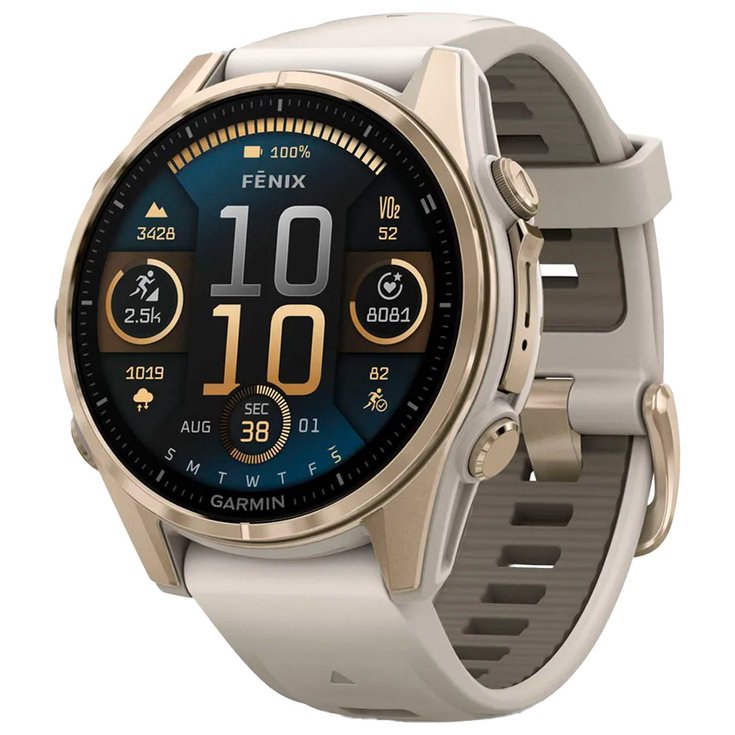 Garmin Montres GPS Fenix 8 Amoled Sapphire Soft Gold Gris Cendré Grès Foncé Présentation