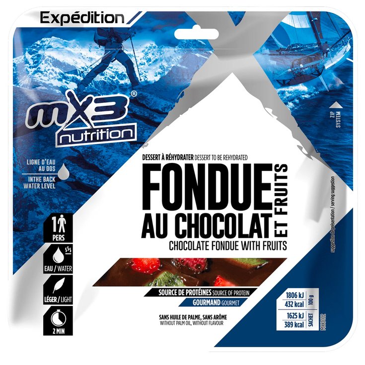 MX3 Gevriesdroogde maaltijd Fondue Au Chocolat & Crousty Fruits Voorstelling