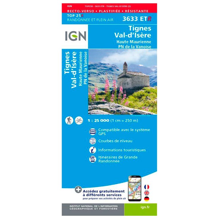 IGN Kaart 3633ETR Tignes, Val-d'Isère, Haute Maurienne, Parc national de la Vanoise - Résistante Voorstelling
