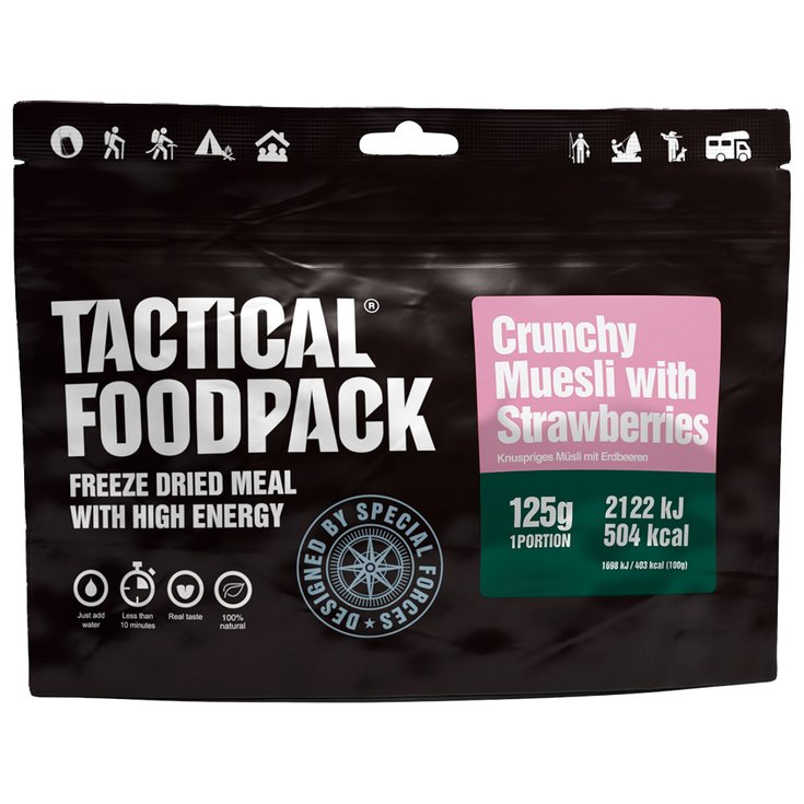 Tactical Foodpack Gefriergetrocknetes Essen Crunchy Muesli Strawberries Präsentation