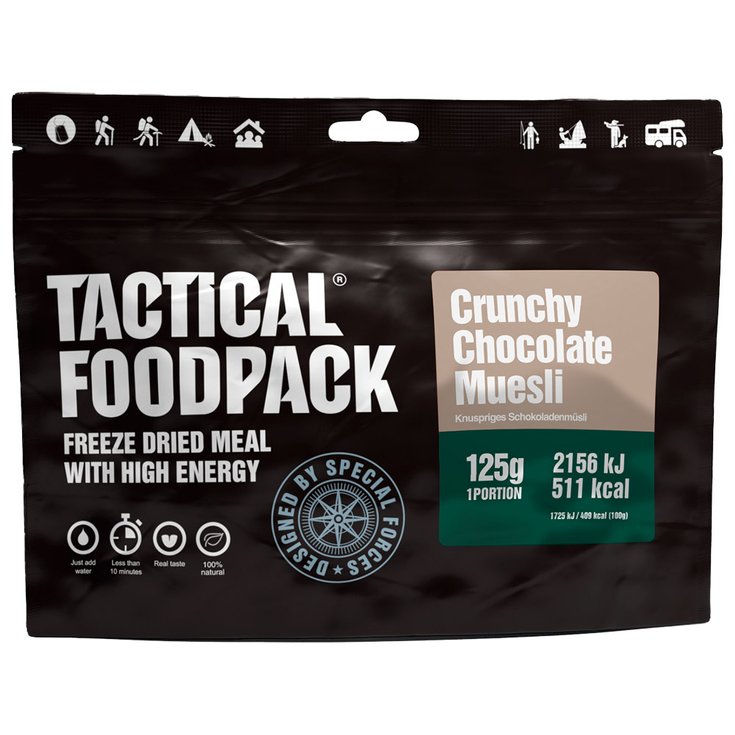 Tactical Foodpack Gefriergetrocknetes Essen Crunchy Muesli Chocolate Präsentation