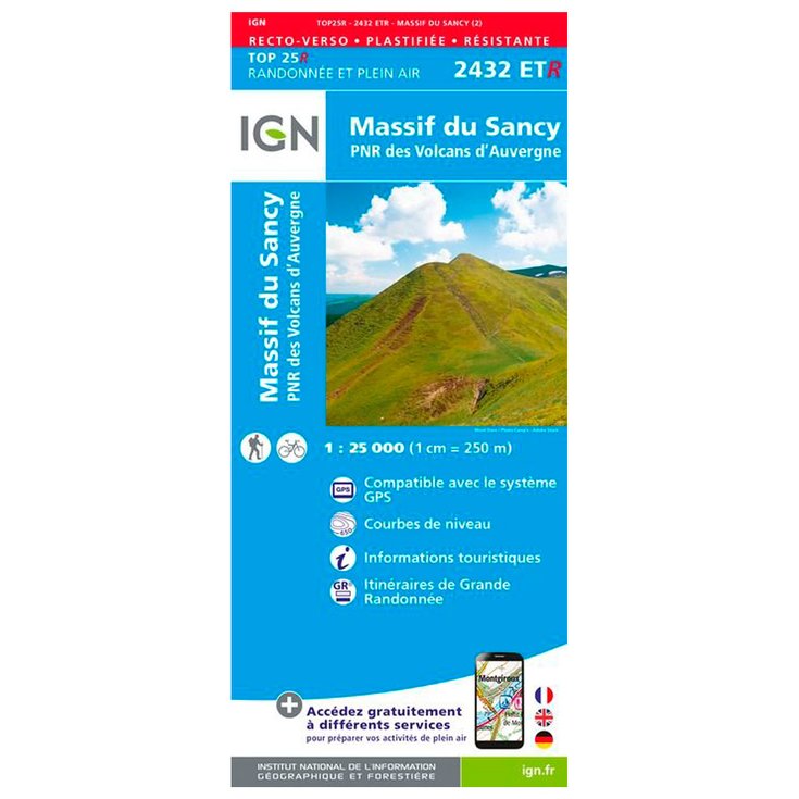 IGN Kaart 2432ETR Massif du Sancy, PNR des Volcans d'Auvergne - Résistante Voorstelling