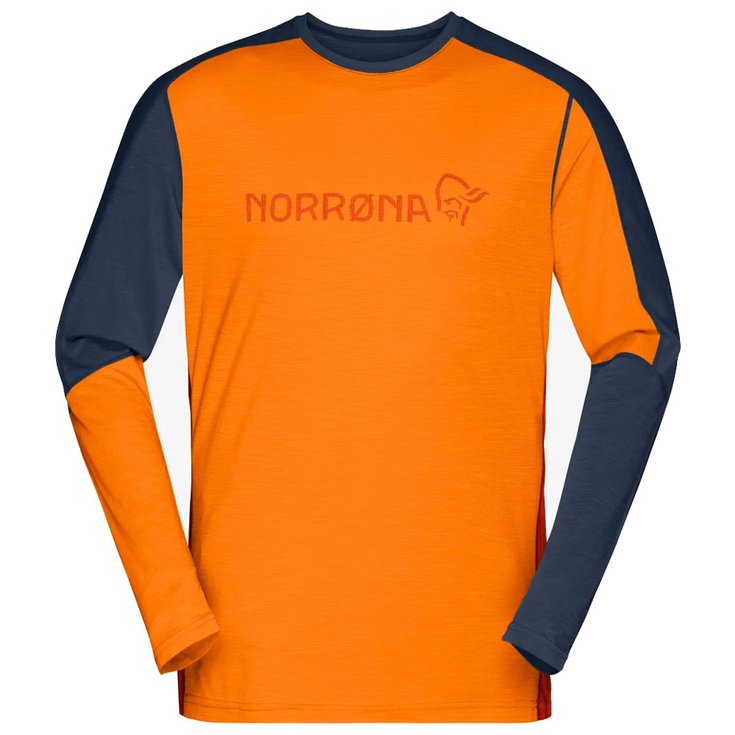 Norrona Technical underwear Falketind Equaliser Merino Round Neck M's Orange Popsicle Indigo Night Overview
