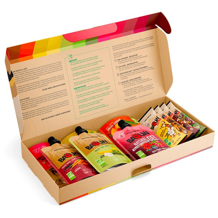 Baouw Barrette energetiche Coffret Expérience Bio 6 Barres 25g + 4 Compotes 90g + 2 Gels 85 g. Presentazione