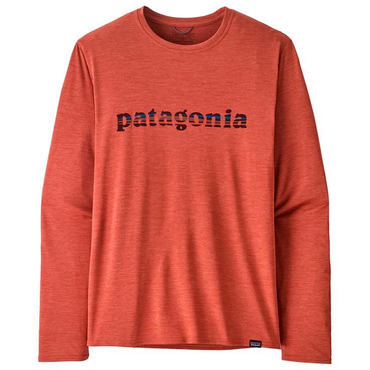Patagonia Wander-T-Shirt M's L/S Capilene® Cool Daily Graphic 73 Text Logo Potters Red X Dye Präsentation