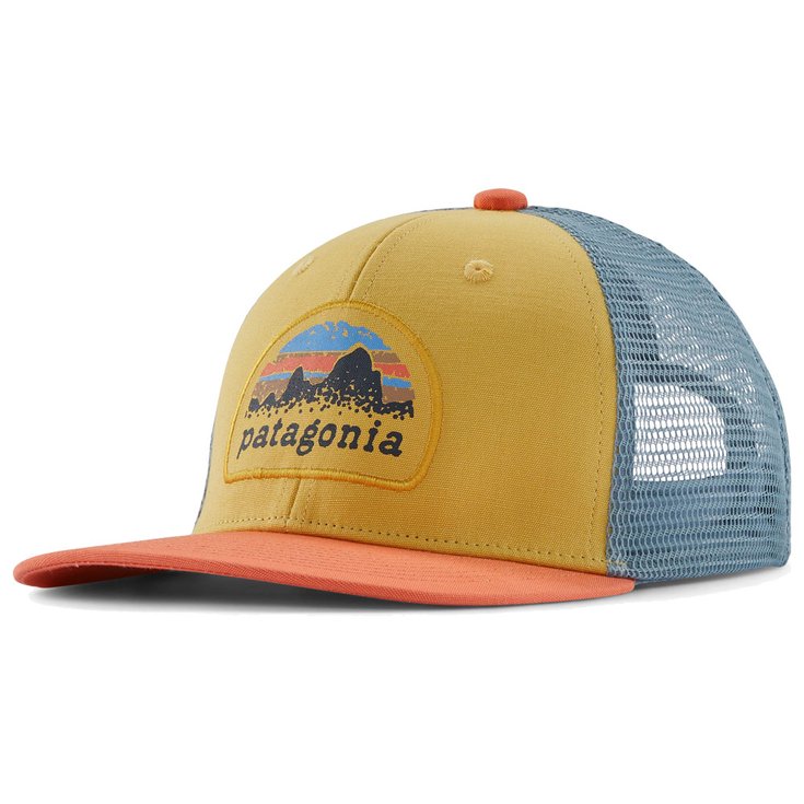 Patagonia Casquettes Kid's Trucker Hat P-6 Logo Skyline Stencil Surfboard Yellow Présentation
