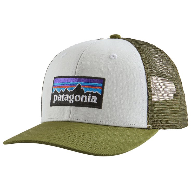Patagonia Gorra P-6 Logo Trucker Hat White Palo Green Presentación